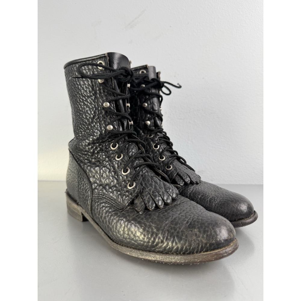 Justin Bullhide Kiltie Ropers Boots Womens 7.5 B Black Pebbled Leather Vintage